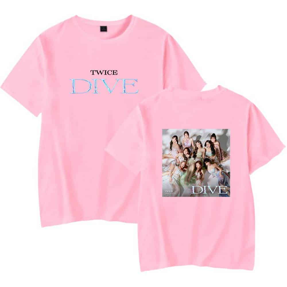 TWICE DIVE pink K-pop merch T-shirt with group photo print and playful design for fans.