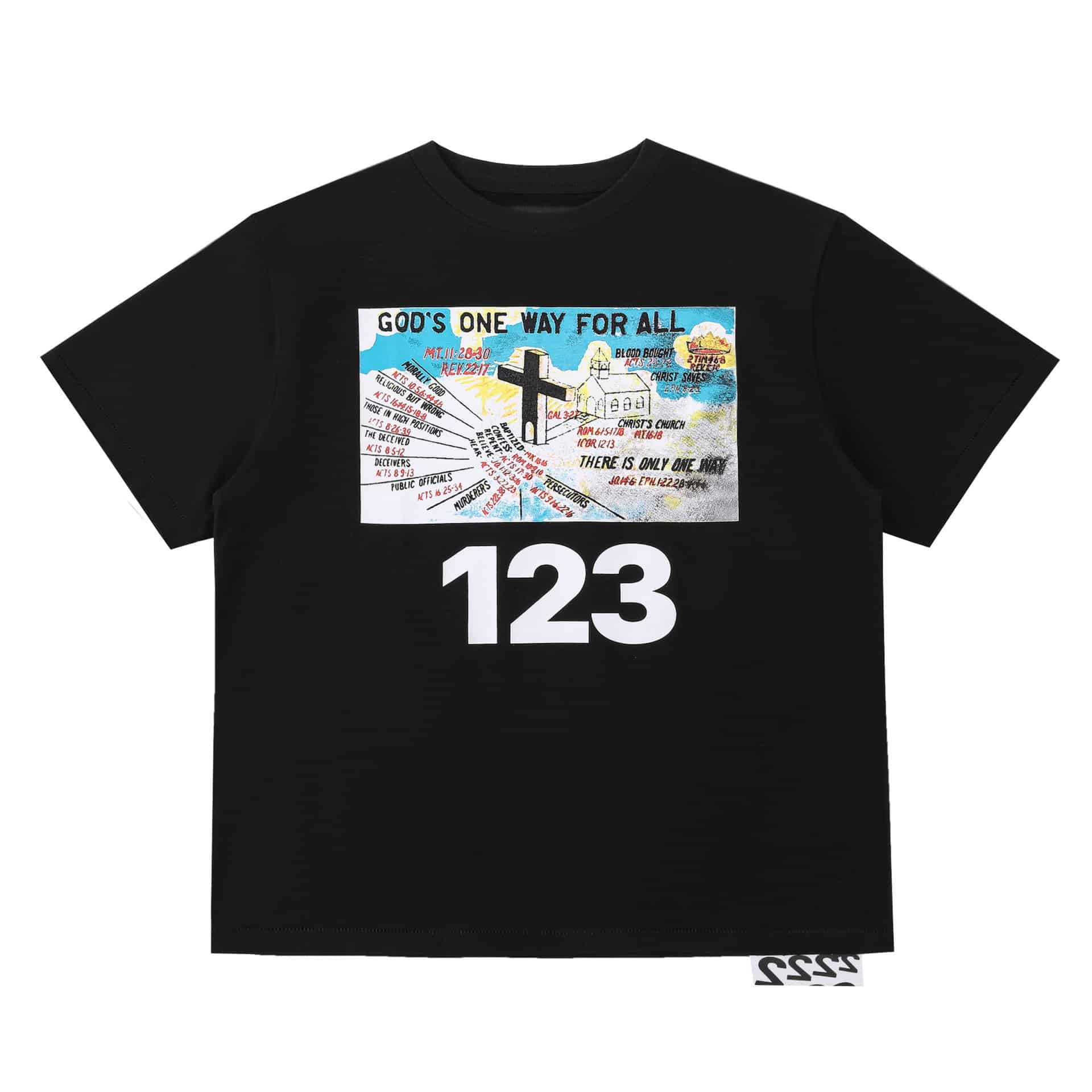Versatile black T-shirt featuring colorful graphic print with Christian themes, large "123" text, and religious messages, perfect for K-pop merchandise fans and streetwear styling.