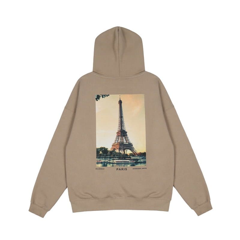 Eiffel Tower printed hoodie, beige color, trendy K-pop merchandise, perfect for casual wear and fans of Paris-themed fashion.