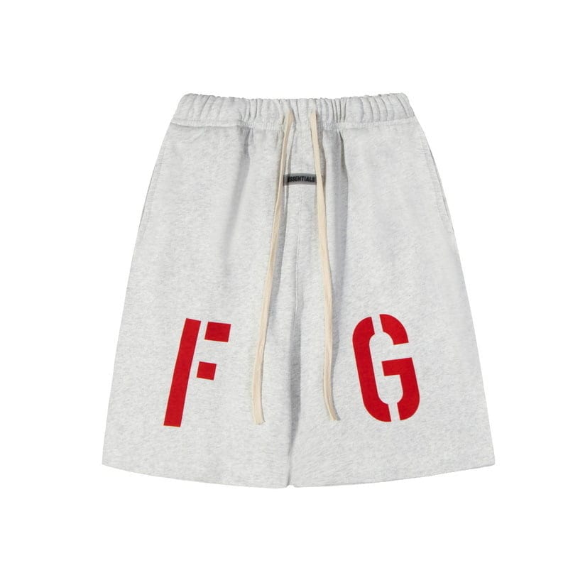 Relaxed-fit grey sweat shorts with bold red K-pop inspired letters, featuring a drawstring waistband, perfect for fans of K-pop merchandise, casual streetwear, and trendy leisurewear.