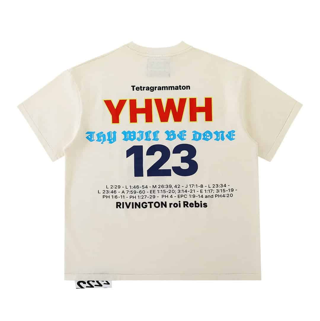 YHWH T-shirt featuring bold red, blue, and black text, K-pop inspired merchandise with unique designs, perfect for fans of Korean pop culture and streetwear fashion.