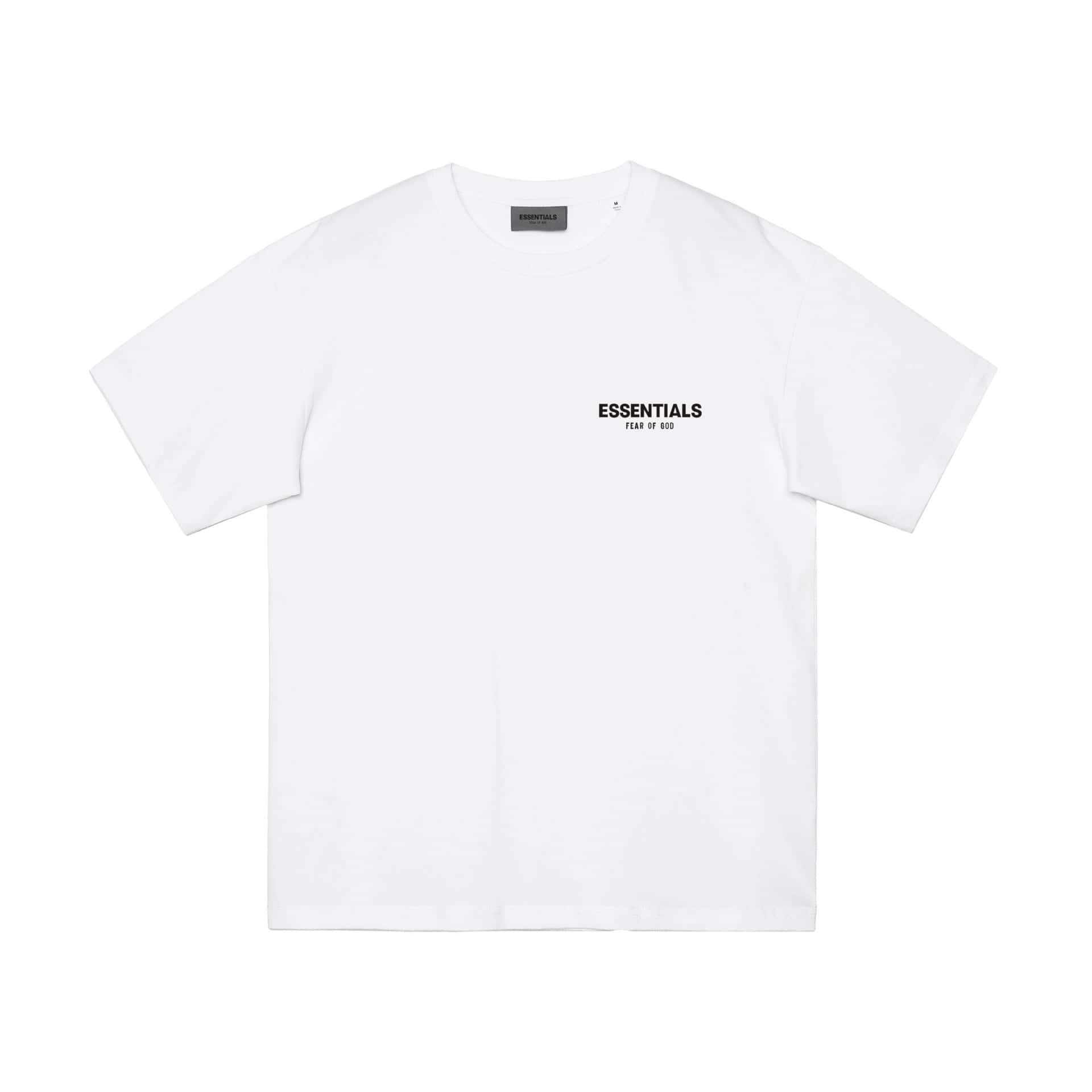 White t-shirt with "ESSENTIALS" logo, simple casual design, popular K-pop merchandise item, minimalistic style, versatile fashion piece, comfortable cotton fabric, unisex fit, branded apparel, trendy streetwear essential, easy to pair with other clothes.
