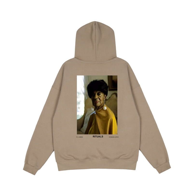 Rituals K-pop merchandise hoodie featuring a stylish photo print of a woman with earrings, beige color, casual streetwear style, perfect for fans and collectors.