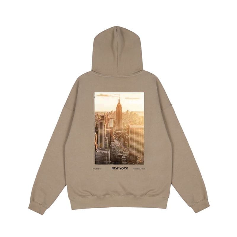 New York City skyline hoodie with Empire State Building print, casual streetwear, beige color, oversized fit, perfect for K-pop fans and trendy merch collectors.