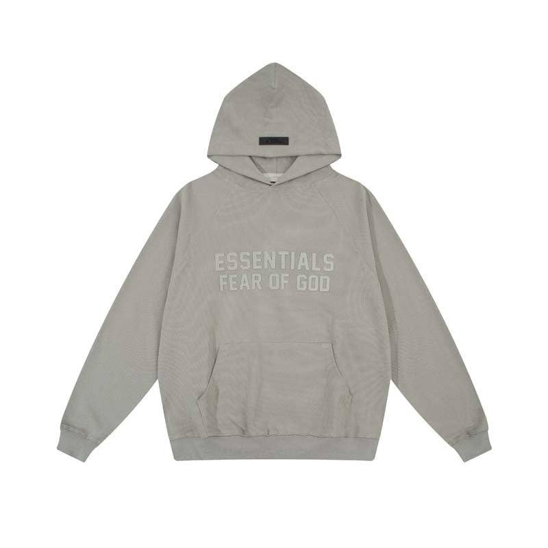 Essential Hoodie with Fear of God Logo, 2. Basic grey hoodie with "ESSENTIALS FEAR OF GOD" text for streetwear fashion, perfect for K-pop fans wanting stylish merchandise.