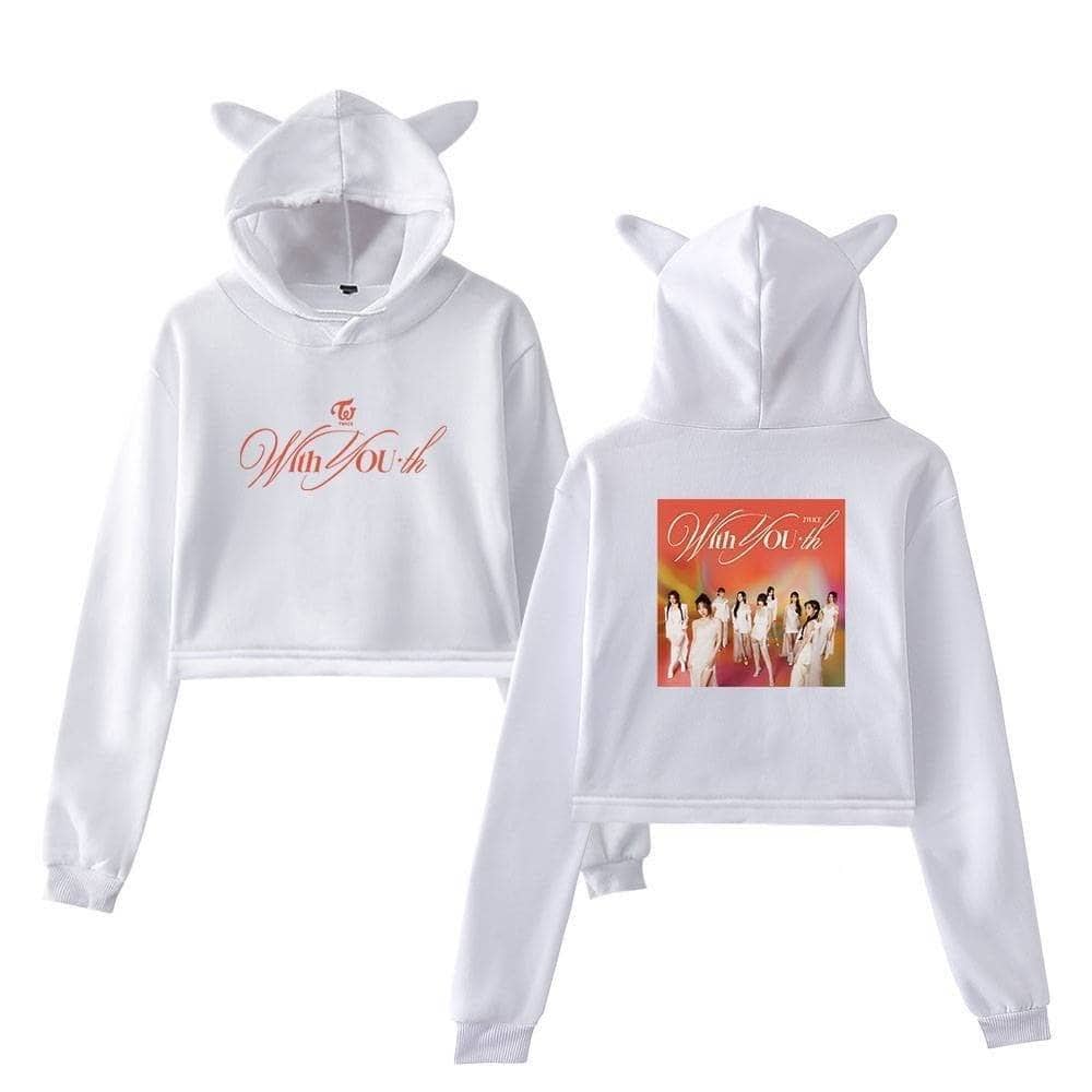 White kpop hoodie with cat ears, TWICE WonYounh concert merch, cute group sweatshirt, stylish K-pop fan apparel, exclusive TWICE apparel for fans.