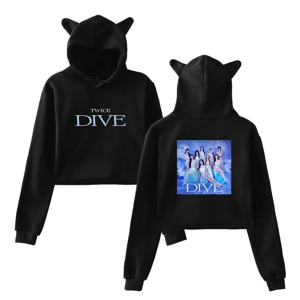 TWICE DIVE hoodie with cat ears, featuring a front logo and back photo of the group, perfect for K-pop fans and merchandise collectors.