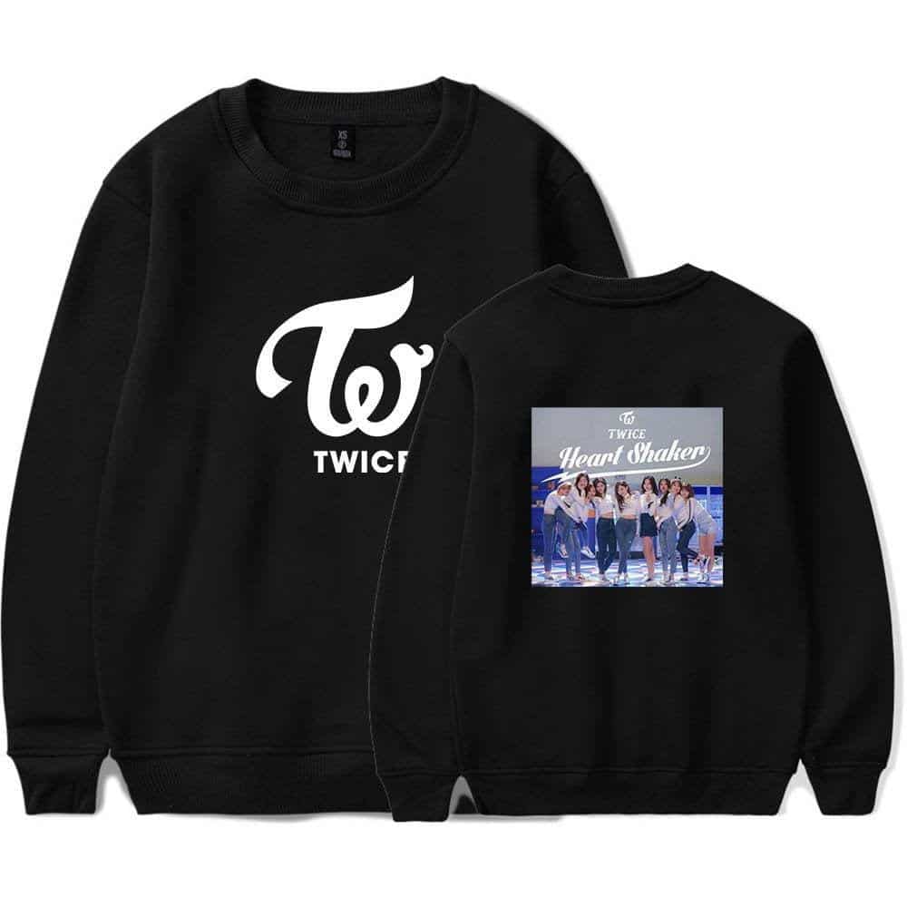TWICE K-pop merchandise hoodie featuring a large TWICE logo on front and a group photo on the back, perfect for fans.