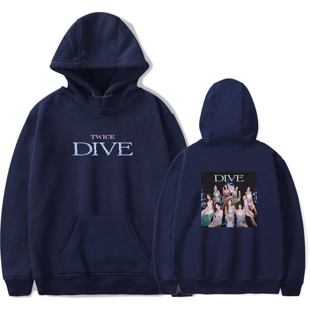 TWICE DIVE hoodie, K-pop merch, navy blue sweatshirt with TWICE DIVE print and group photo, perfect for K-pop fans, stylish and comfortable fan merchandise, ideal for concerts and casual wear.