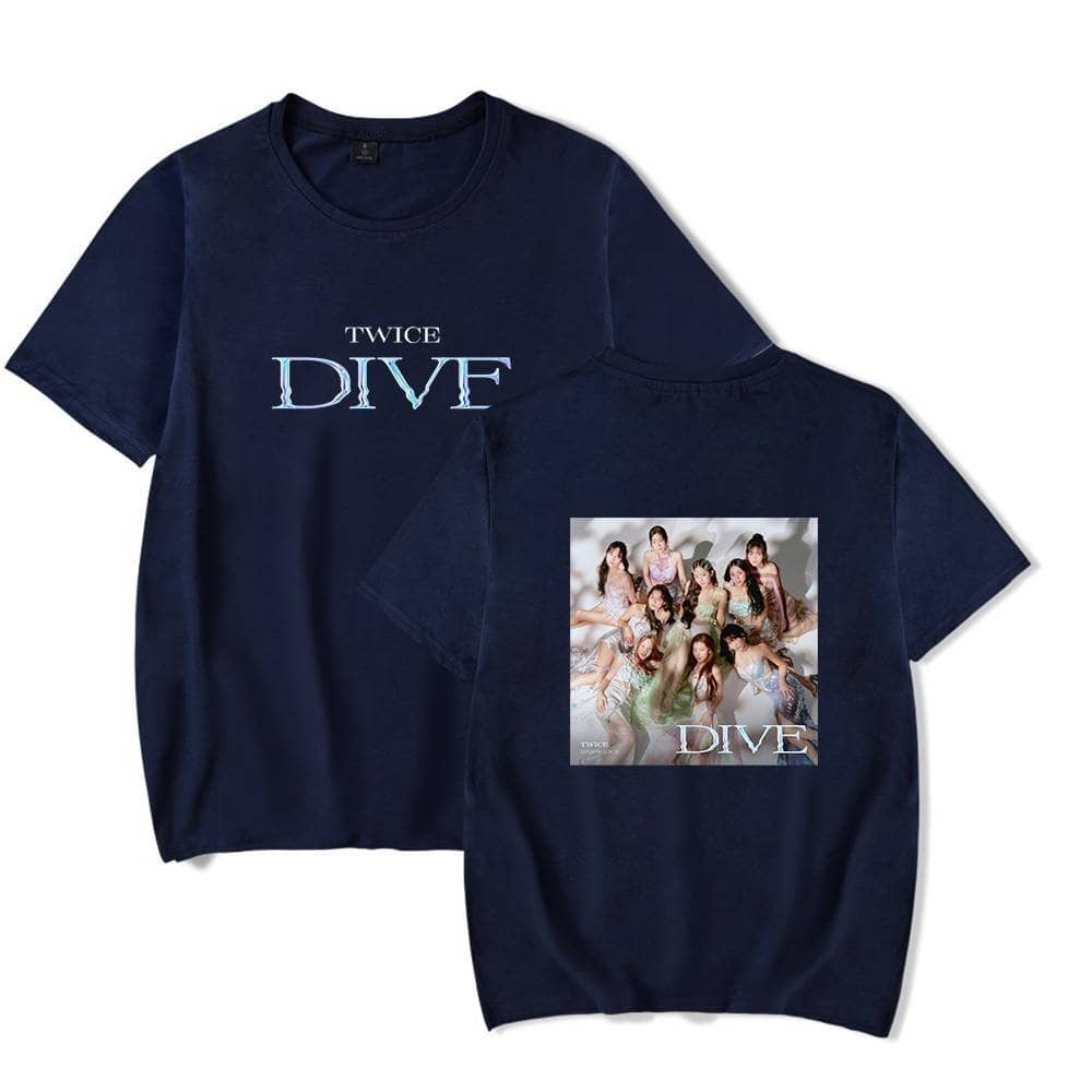 TWICE DIVE group t-shirt merchandise, navy blue, featuring a group photo and bold DIVE text, perfect for K-pop fans.