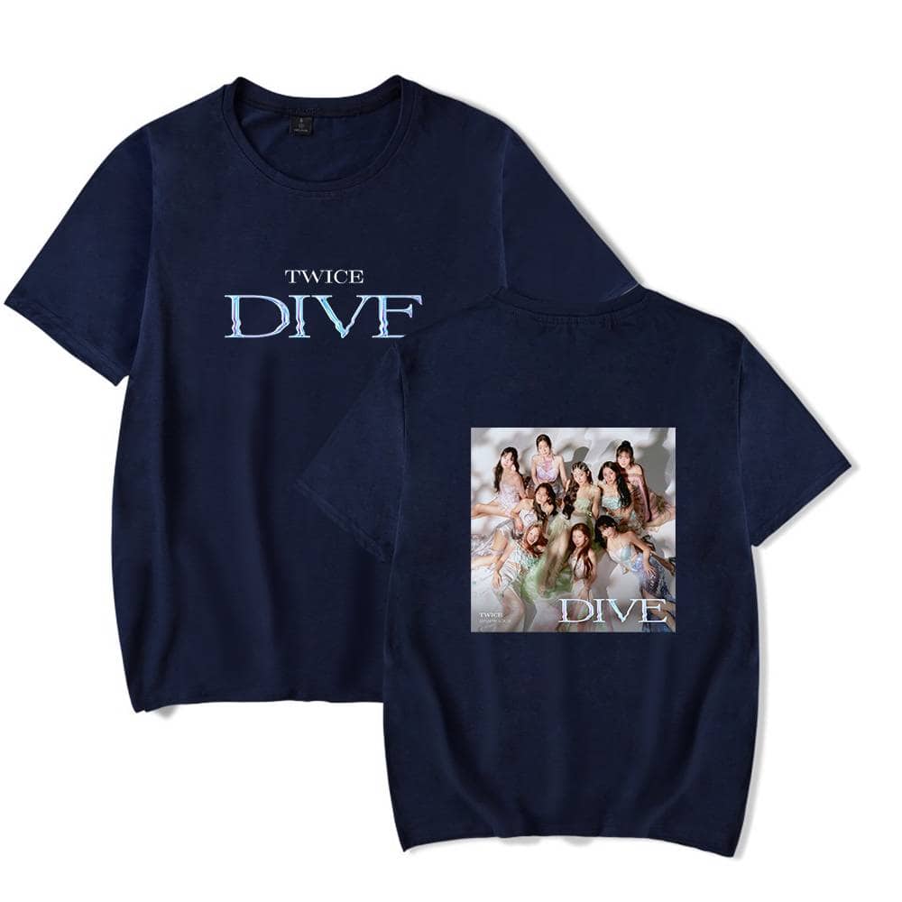 TWICE DIVE K-pop merch t-shirt with group image print, stylish fan apparel, perfect for TWICE fans, high-quality comfortable fabric.