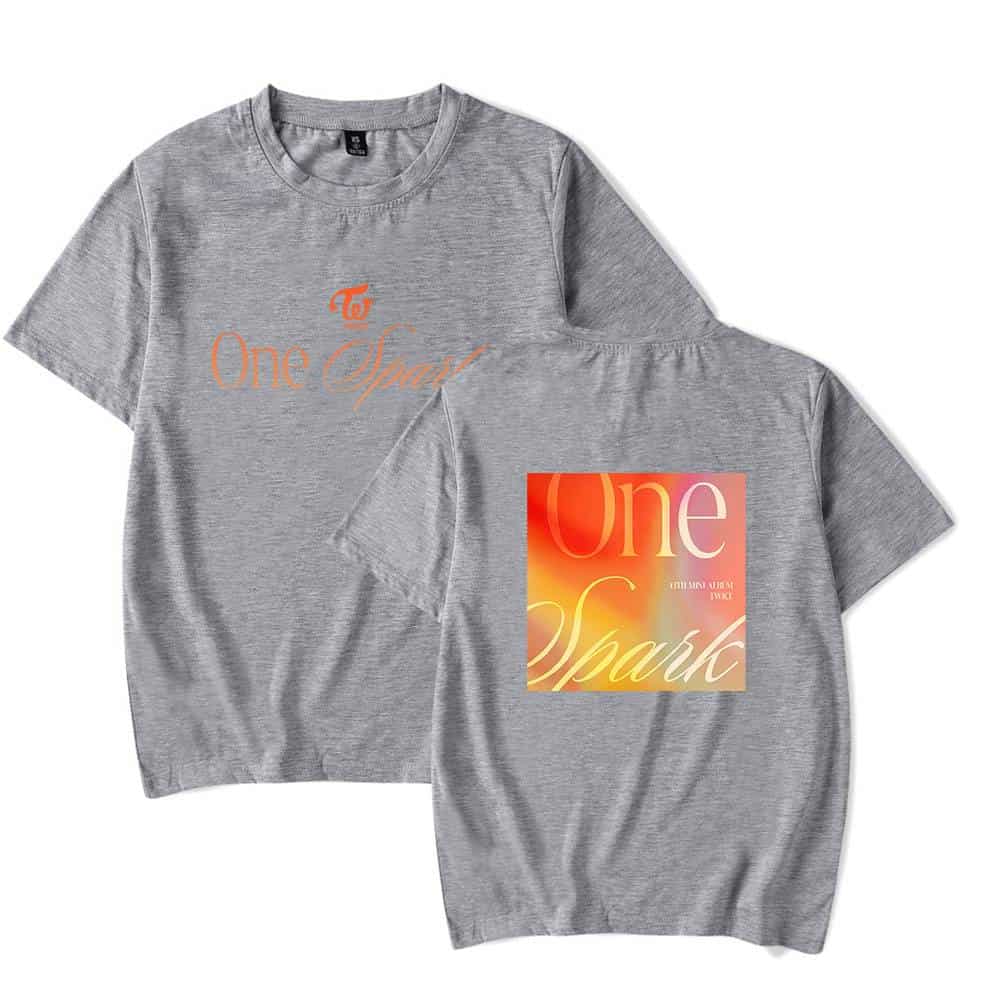 - grey T-shirt featuring "Twice" and "K-pop" merchandise design with vibrant colors and trendy fonts.