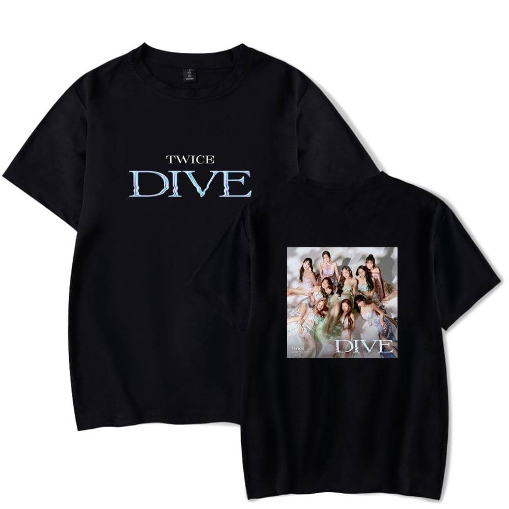 Diverse TWICE DIVE album black T-shirt with group photo and logo print on front and back.