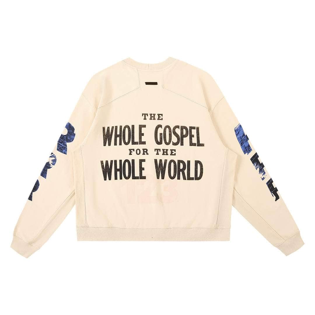 The wholen gospel for the whole world sweatshirt with printed text and graphic design elements.