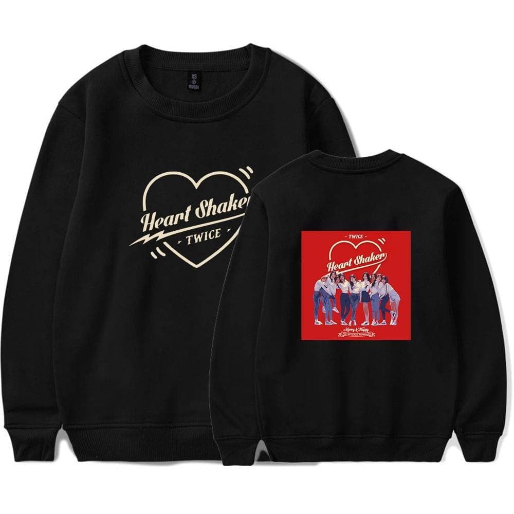 Heart Shaker TWICE K-pop merchandise sweatshirt, black with printed design, representing the popular girl group's song and concept. Perfect for fans to show their support.