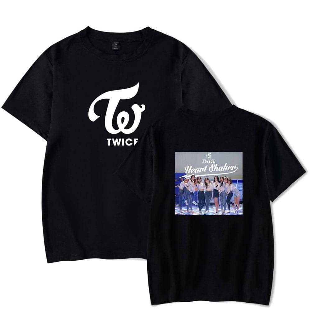 TWICE Kpop merch T-shirt with group image and TWICE logo, perfect for fans and concerts.