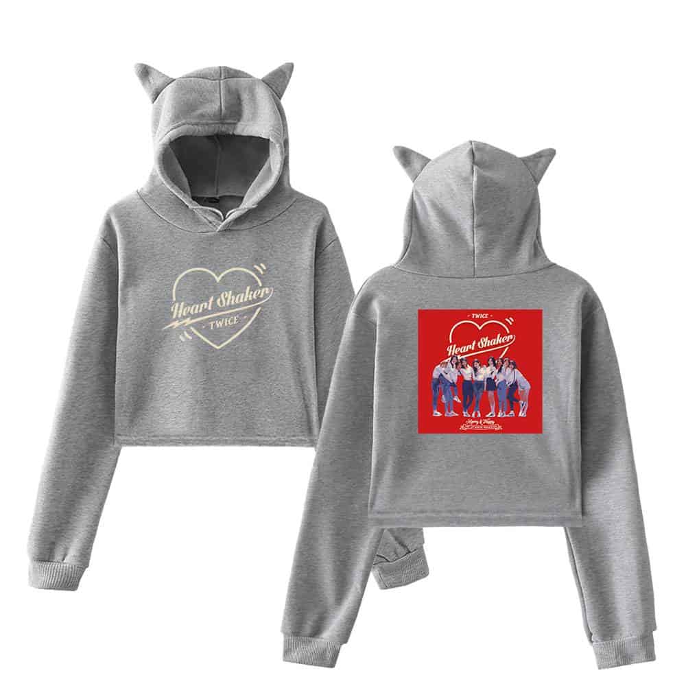 Heart Shaker TWICE hoodie sweatshirt with cute animal ears on the hood, featuring official TWICE band designs, perfect for K-pop fans and merchandise collectors.