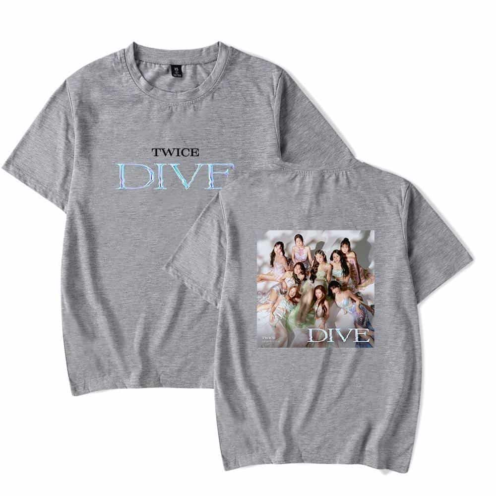 TWICE DIVE group photo merchandise T-shirt, grey fabric, K-pop fan apparel, printed band image, stylish idol group tee with vibrant graphics, perfect for fans, trendy concert wear, vibrant design, popular among K-pop enthusiasts, official fan merchandise, contemporary fashion inspired by TWICE.