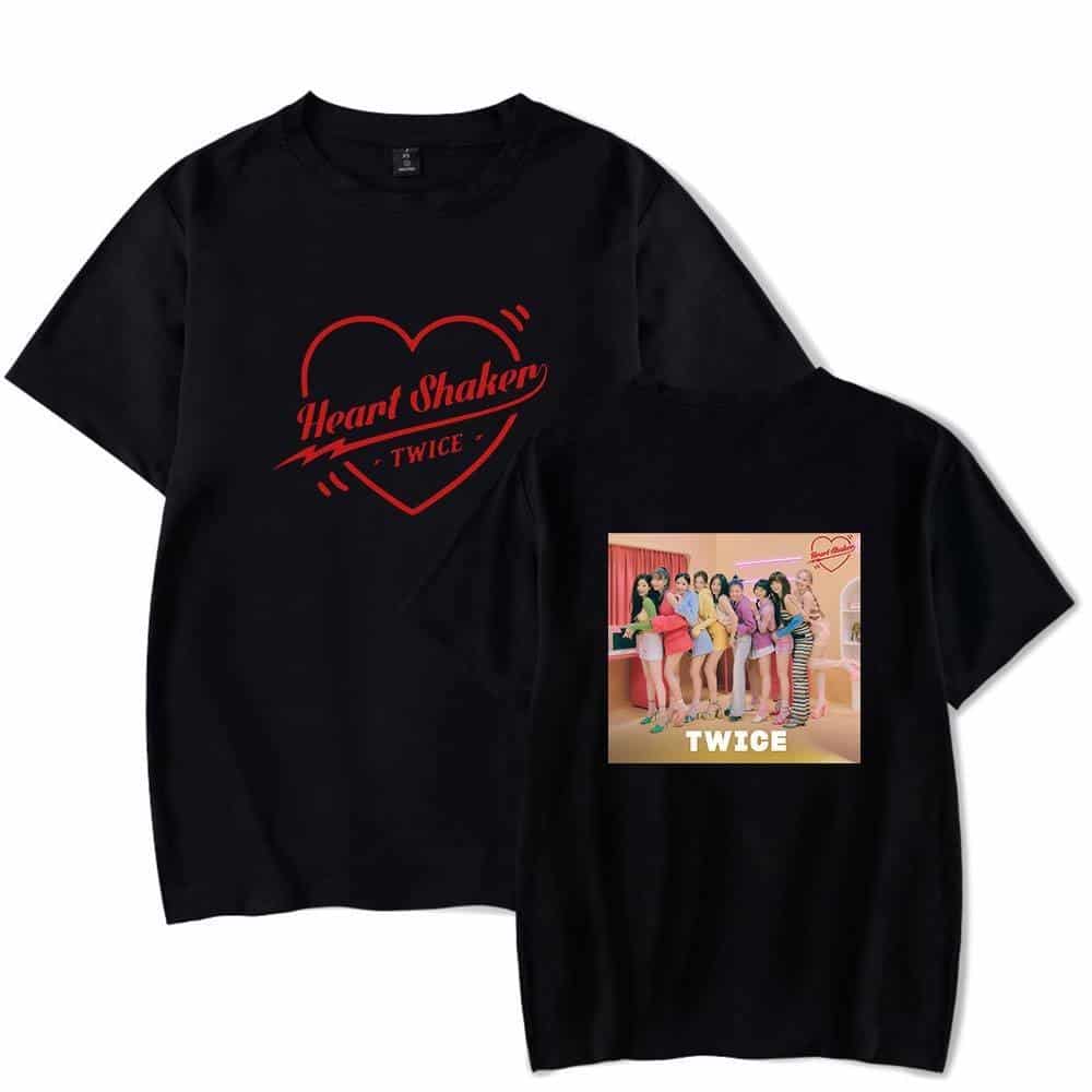 Heart shakers TWICE K-pop merchandise t-shirt with a vibrant group photo design on black fabric.