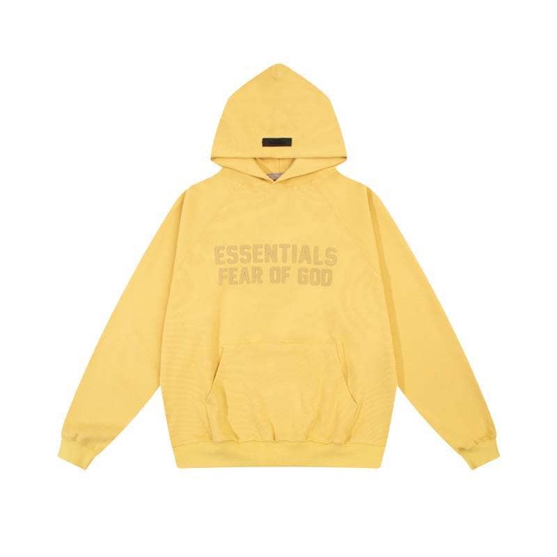 Essentials fear of gods yellow hoodie with front print, oversized streetwear fashion, trendy casual sweatshirt for K-pop merchandise fans.
