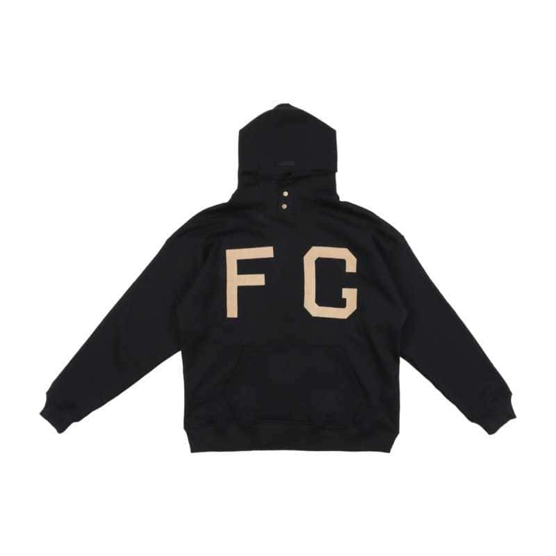FG embroidered black hoodie with a large front pocket, perfect for K-pop fans and merchandise collectors.