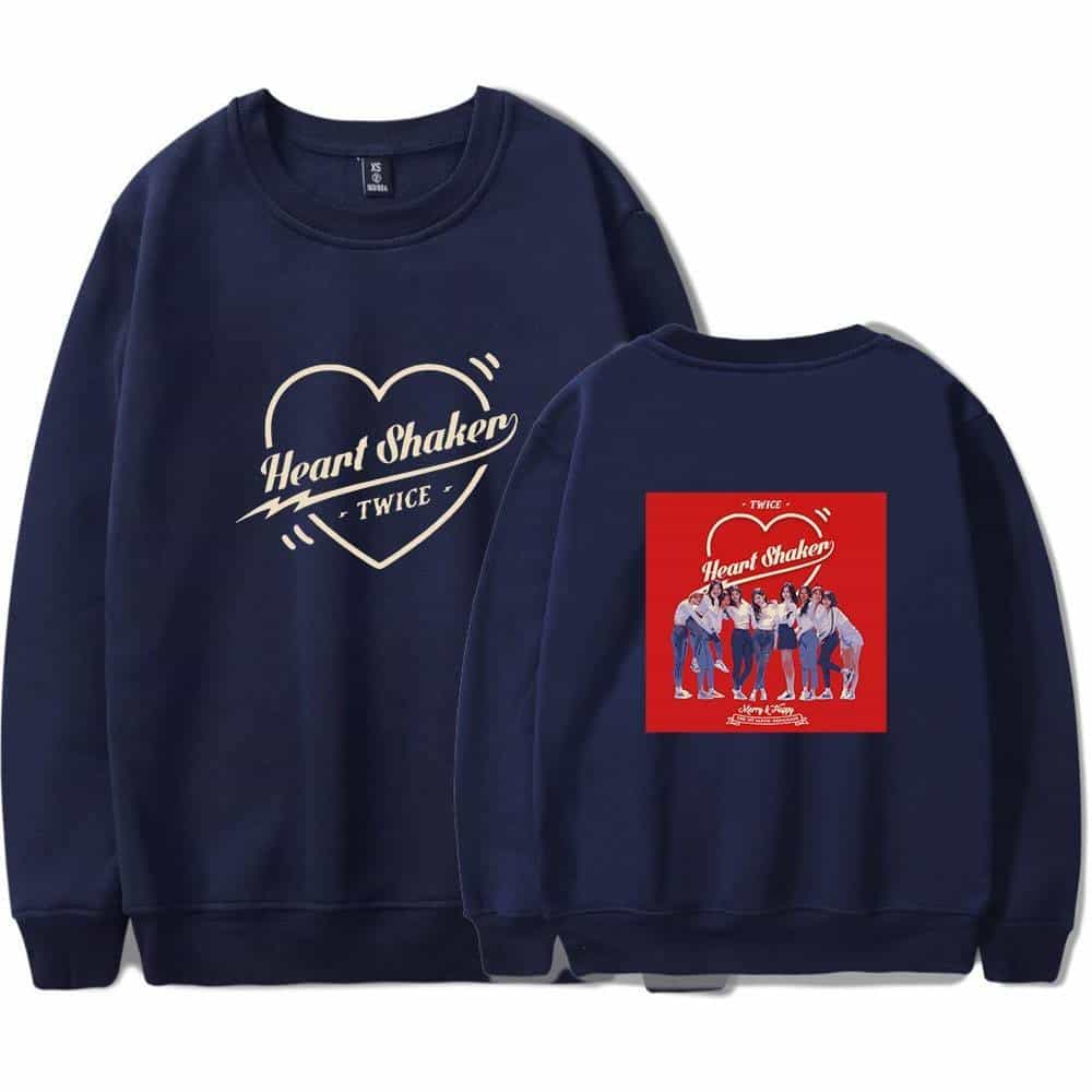 Heart Shaker TWICE K-pop merch sweatshirt with a heart logo and group illustration design. Perfect for fans of the K-pop girl group TWICE who want to showcase their fandom in style. Unique and trendy item.