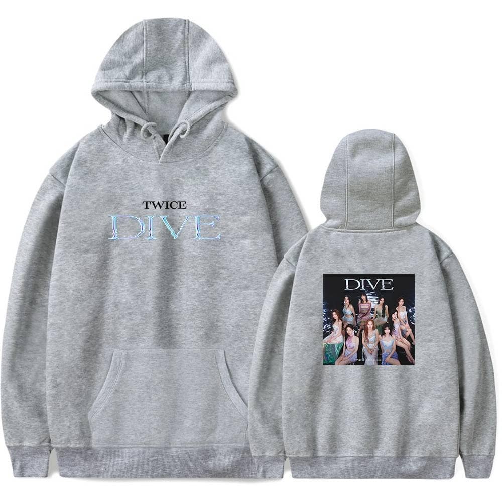 Twice kpop merch hoodie with DIVE design and group photo print on the back.