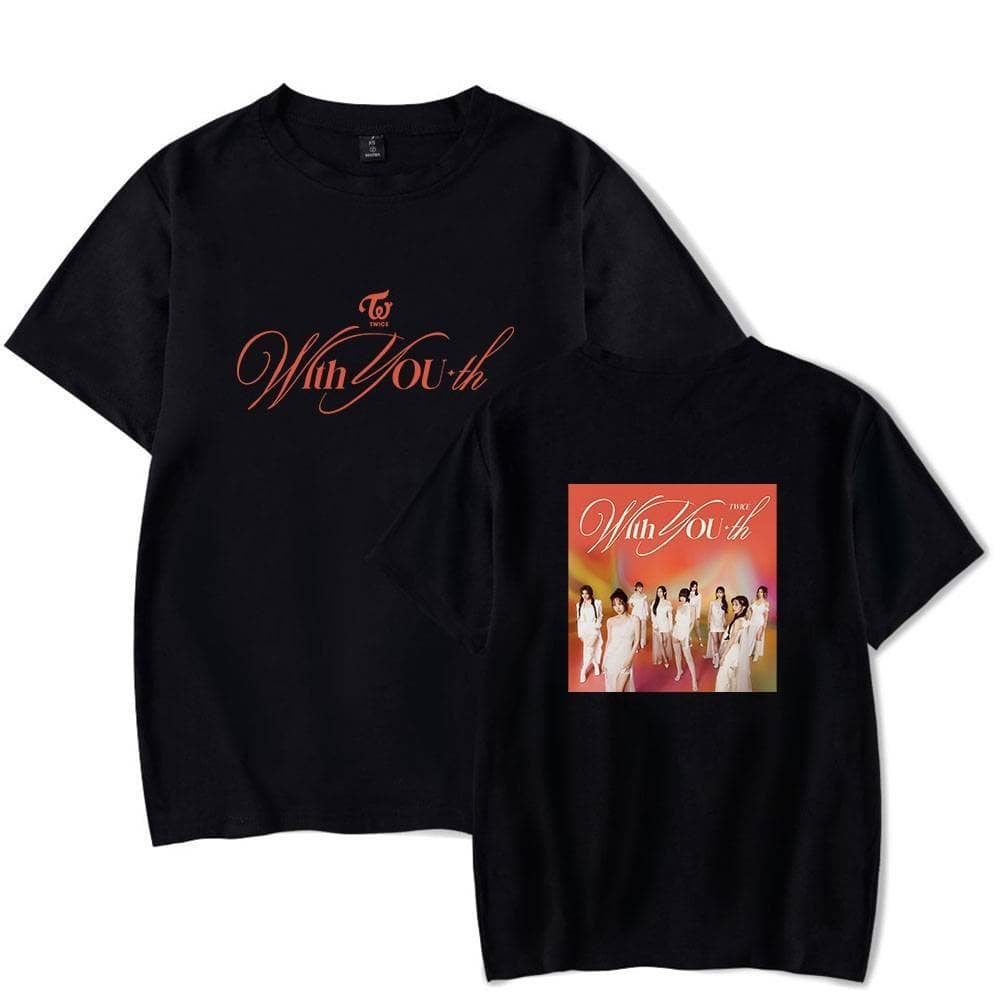 Twice Kpop merch black t-shirt with girl group image and "With You" text.
