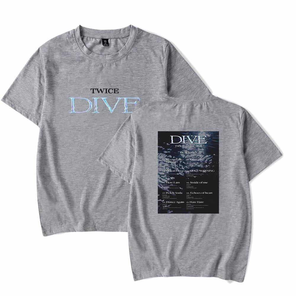 Demi Lovato Twice Kpop merch t-shirt with DIVE lyrics print, grey cotton casual top for fans of Korean pop music and celebrity-inspired fashion. Perfect for concerts and everyday wear.