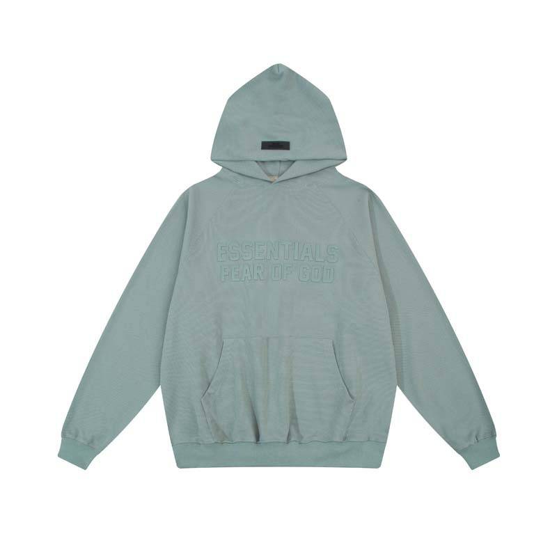 ESSENTIALS PEARL OF GOD hoodie, light blue, unisex casual streetwear, comfortable pullover with front pocket and embroidered logo, perfect for K-pop fans.