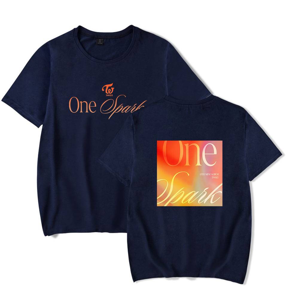 Twice kpop merch, Twice poster and T-shirt set featuring "One Spark" design in navy color, perfect for K-pop fans and Twice enthusiasts. Comfortable casual wear and collectible memorabilia for fans.