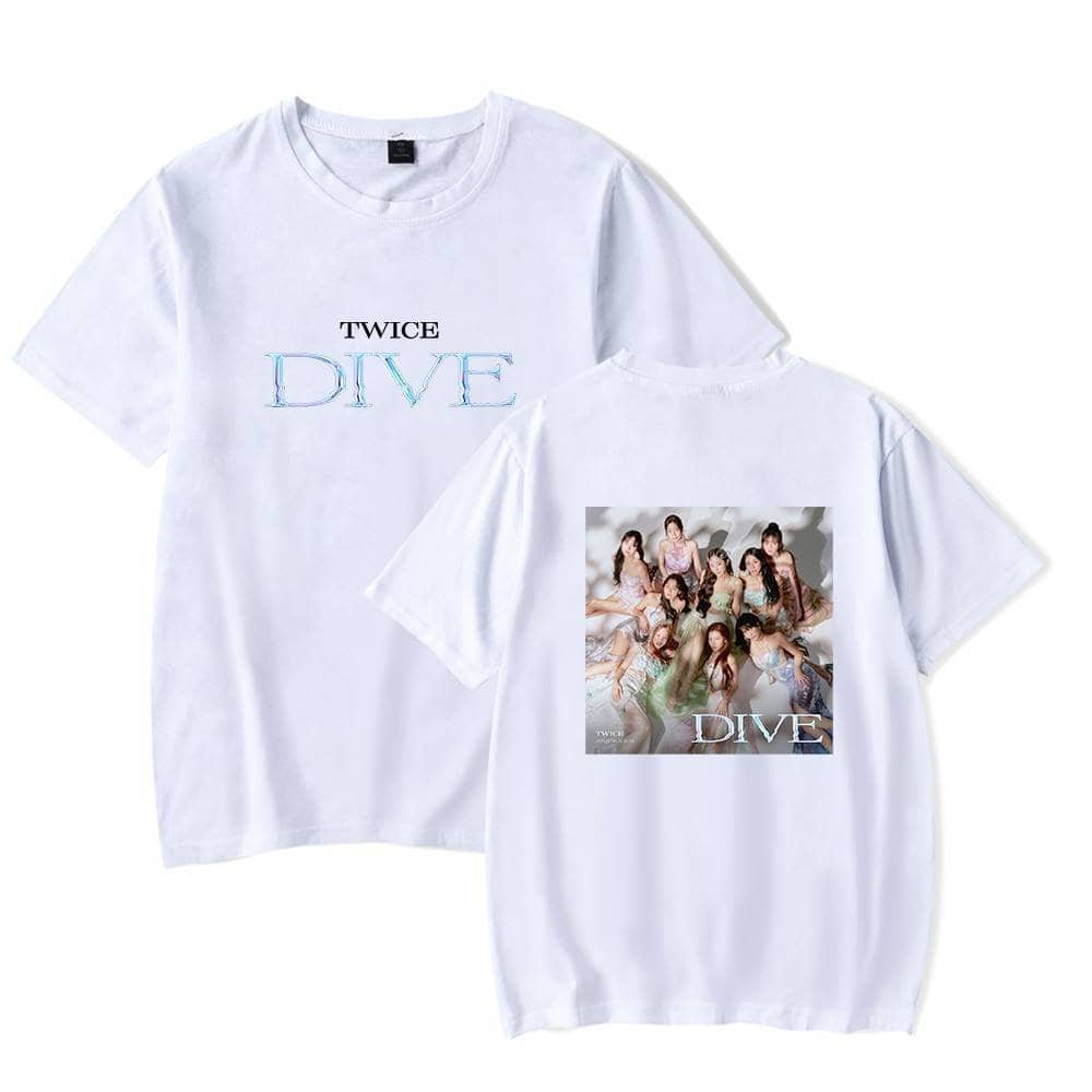 TWICE DIVE T-shirt featuring album art and member group photo. Perfect for K-pop fans and collectors of TWICE merchandise, showcasing stylish and vibrant designs. Ideal for concerts, fan meetings, or casual wear.