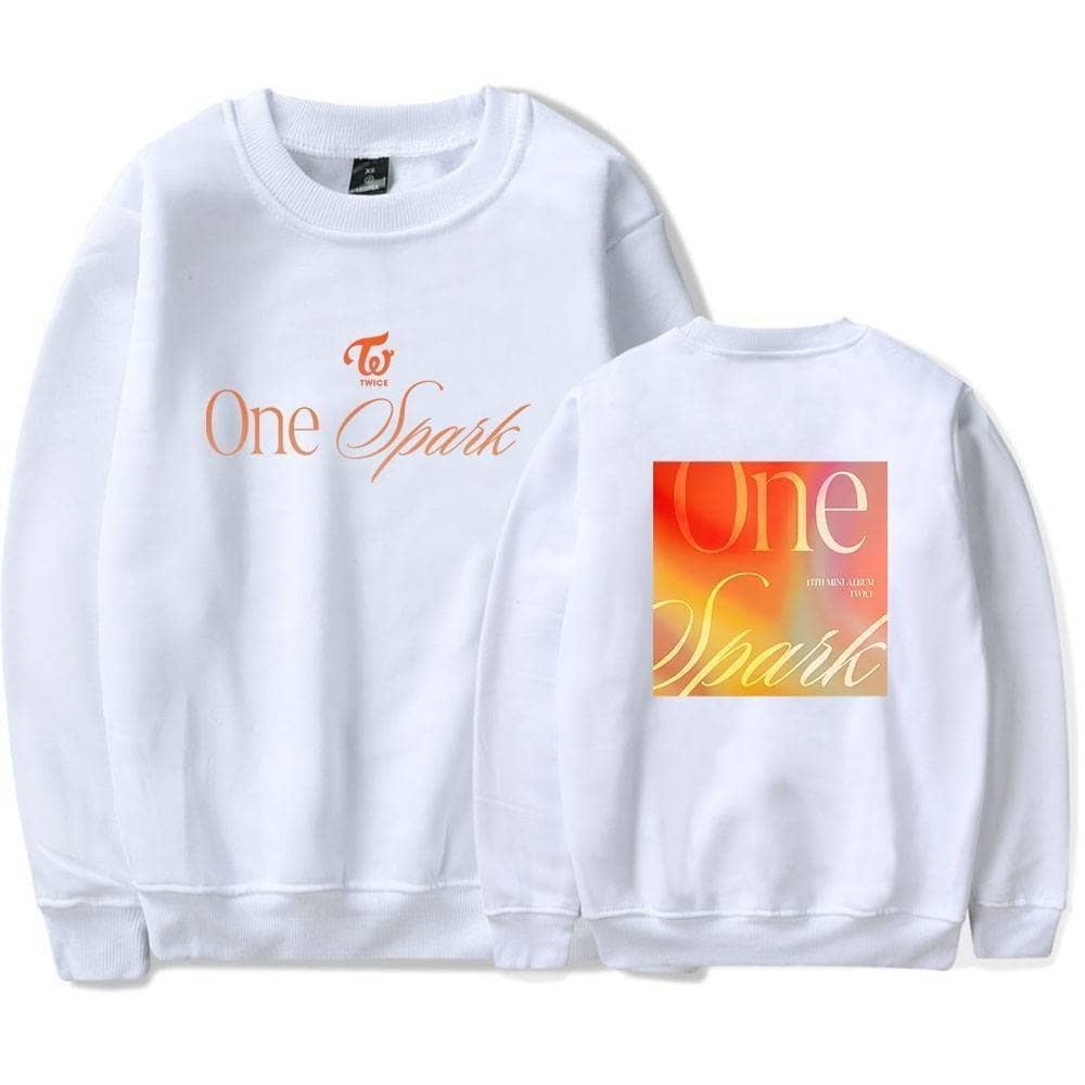 Twice Kpop merch sweatshirt with "One Spark" design and colorful album art. Perfect for fans to show support for their favorite Kpop group. Comfortable, stylish, and ideal for everyday wear or concerts.