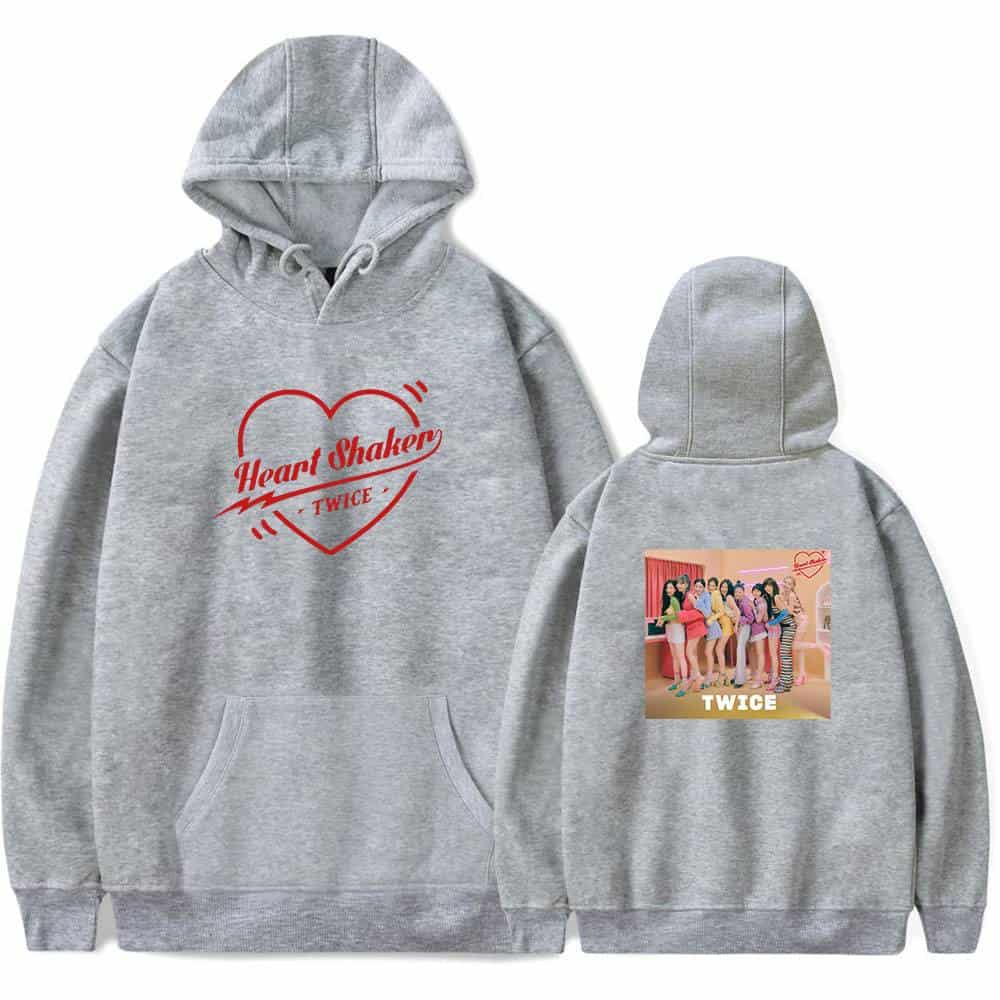 Heart Shaker TWICE hoodie, featuring the group's logo and photo print, perfect for K-pop fans and TWICE enthusiasts. Comfortable, stylish merchandise for everyday wear or concerts.
