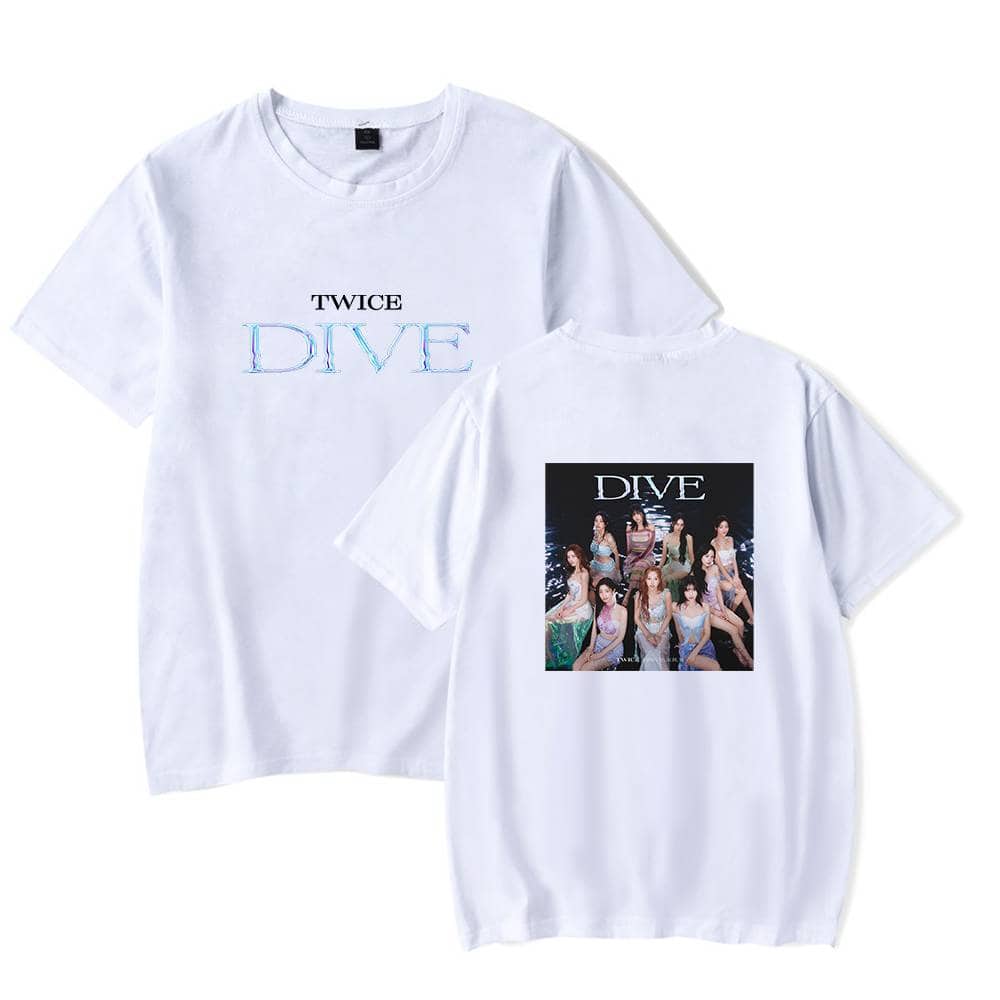 TWICE DIVE T-shirt with group image and stylish text design for K-pop merch fans.