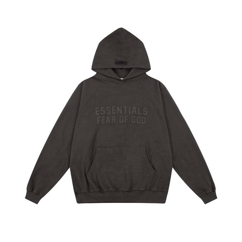 ESSENTIALS FEAR OF GOD hoodie, black with embroidered text, oversized streetwear style, perfect for K-pop fans who love trendy merchandise and casual fashion pieces.