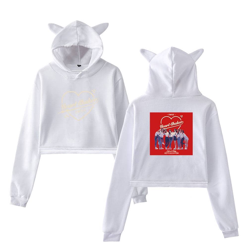 Heart Shaker TWICE K-pop hoodie with cute cat ears on the hood, featuring album-inspired print on the back and a subtle logo on the front, perfect for fans.
