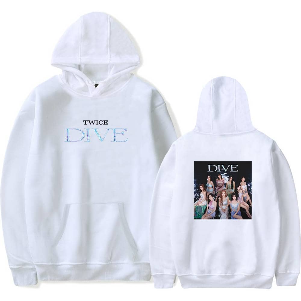 Diverse white hoodie featuring TWICE DIVE collaboration, front text and back group photo print, perfect for K-pop fans.