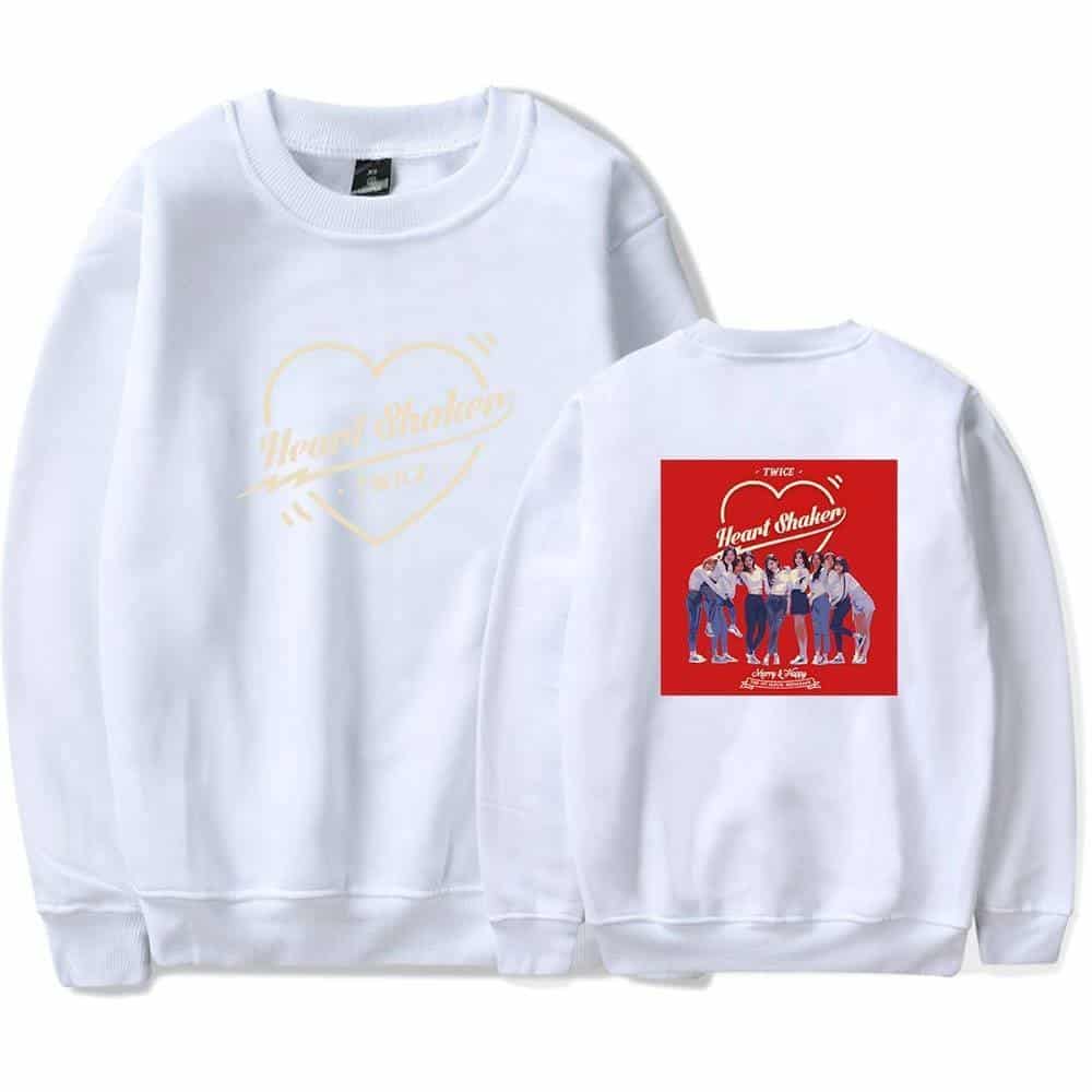 Heart shaker double kpop merch sweatshirt with Twice group graphic and "Heart Shaker" text, stylish and trendy K-pop fashion item for fans, available in white with vibrant design details.