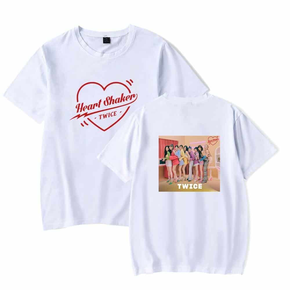 Heart Shaker TWICE K-pop merchandise T-shirt, white with TWICE graphic design featuring the girl group, perfect for fans and collectors of K-pop memorabilia.