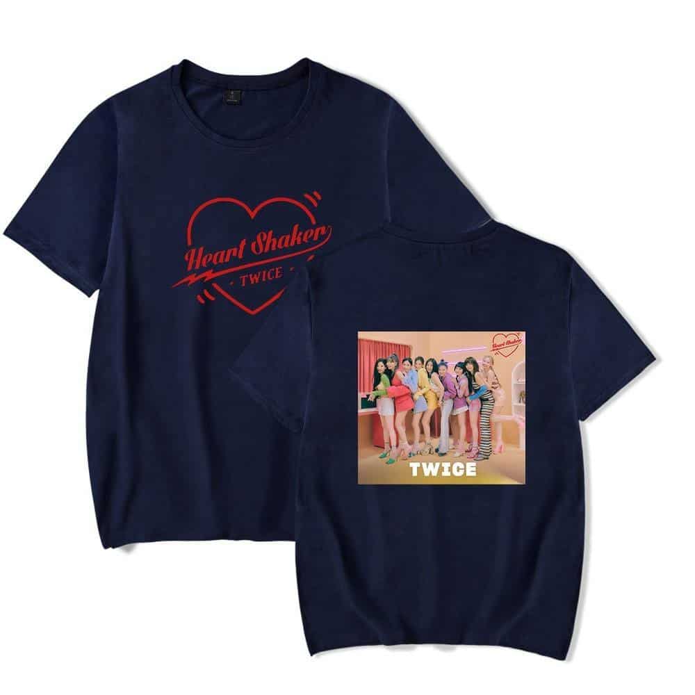 Heart Shaker TWICE K-pop merch T-shirt with group photo and graphic design, perfect for fans. Stylish and comfortable, featuring the popular K-pop girl group TWICE, ideal for showcasing your fandom.