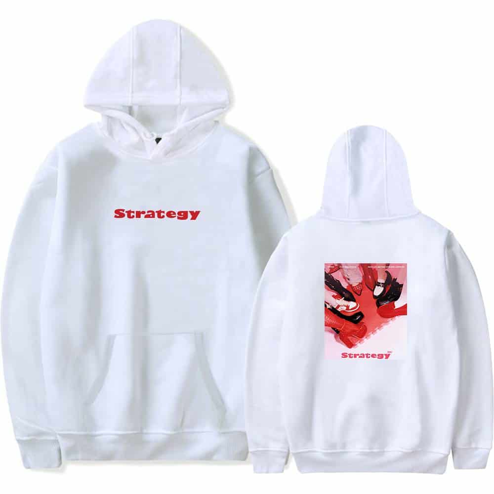White hoodie with red "Strategy" text and graphic print of multiple pairs of shoes on the back, casual streetwear, K-pop merchandise, fan hoodie, trendy apparel for K-pop fans.
