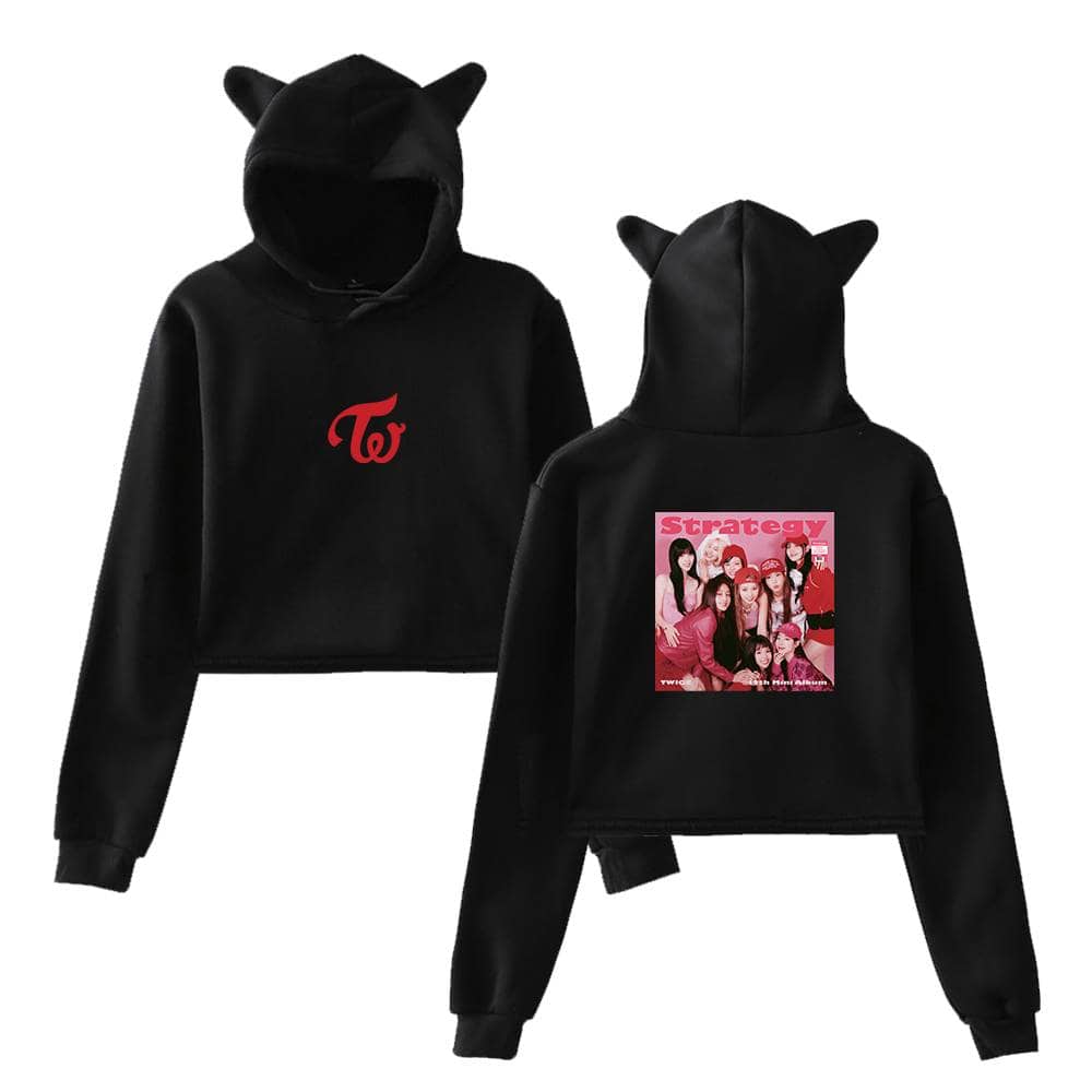 Twice kpop merch black hoodies with cat ears, featuring TWICE logos and group photo, perfect for fans of K-pop and TWICE.