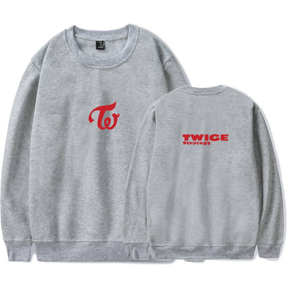 Twice kpop merch sweatshirt with TWICE logo and strategy graphic, grey casual K-pop fan apparel for TWICE fans and collectors, comfortable and stylish for everyday wear, perfect for showing support at concerts and events.