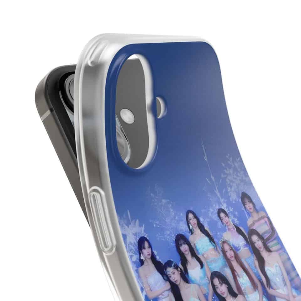 - Full-screen view of a dual-layer iPhone case featuring K-pop girl group TWICE merchandise, with colorful images of the members on the back cover.