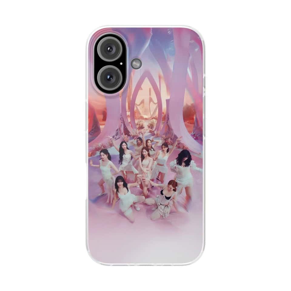 Kpop merch, K-pop girl group themed phone case featuring vibrant pink and purple hues with members posing in stylish outfits. Perfect for fans to showcase their love for K-pop.