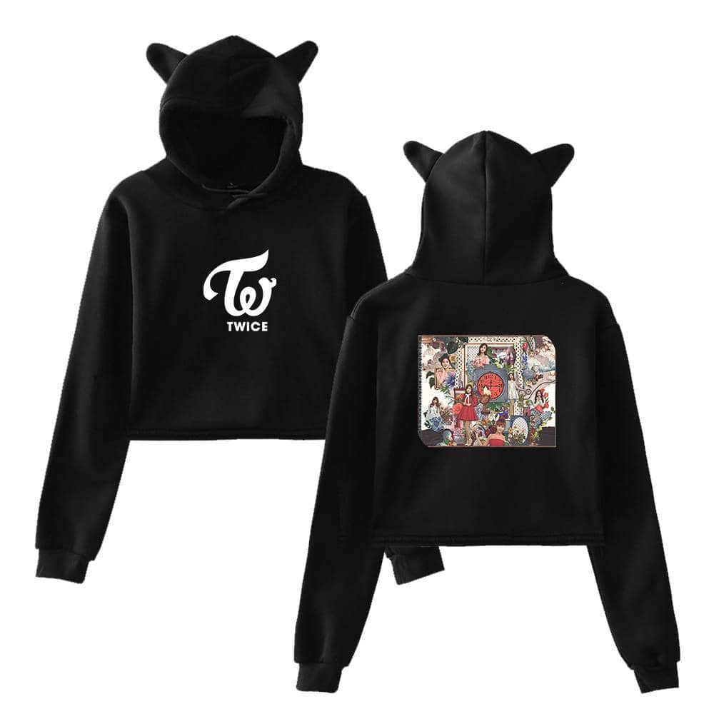 TWICE Kpop hoodie with cute animal ears, featuring the group's logo on the front and a colorful collage print on the back, perfect for fans of all ages.