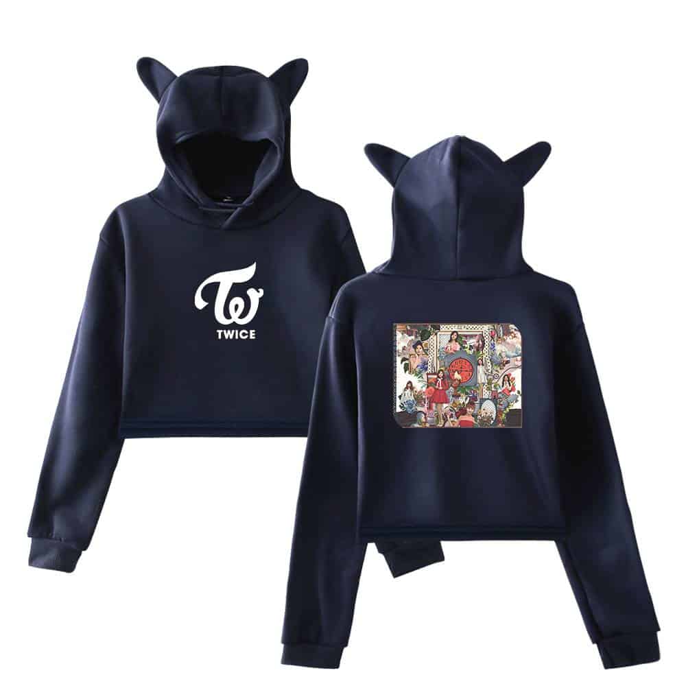 Twice kpop merch hoodie with animal ears, black long sleeve sweatshirt for fans.
