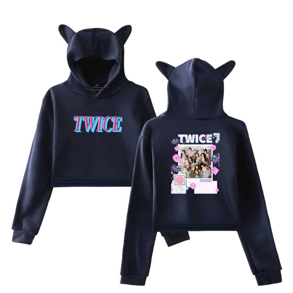 Twice kpop merch hoodie with cat ears, black color, featuring TWICE logo and group photo print, perfect for fans of K-pop fashion and TWICE group fandom two times merchandise.