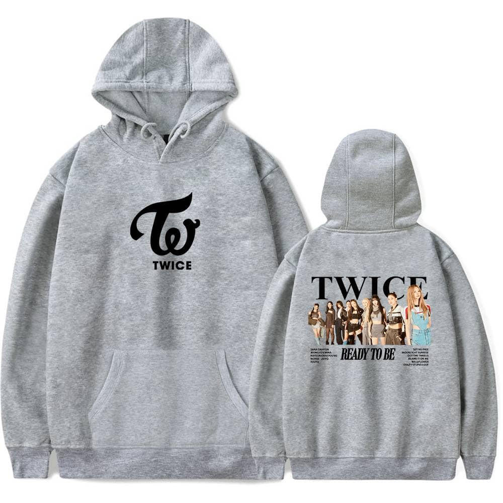 TWICE hoodie featuring the group's logo on the front and a full-group photo with album details on the back, perfect for fans of K-pop merchandise.
